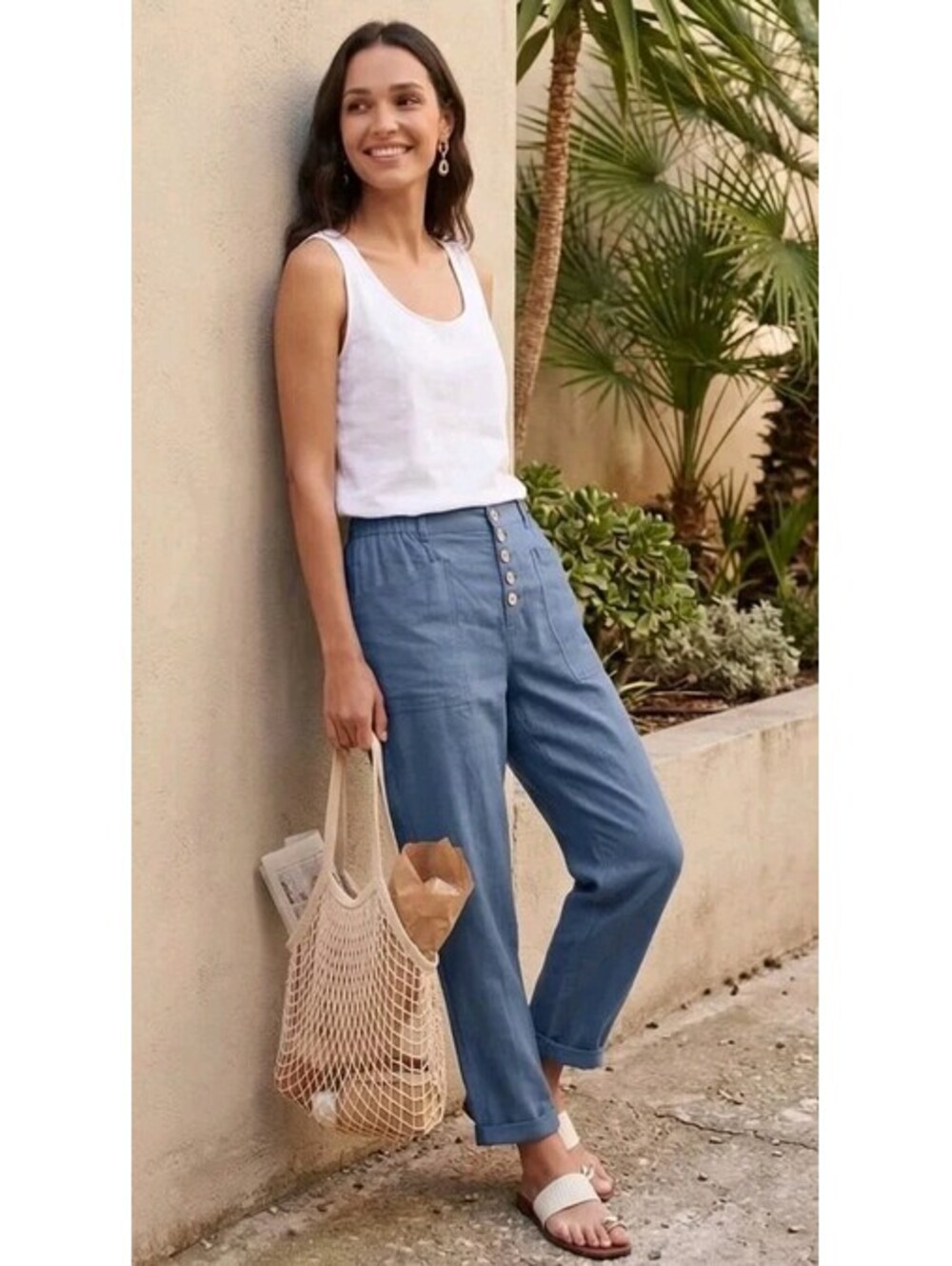 Lintico Heidi Linen Blend Simple Button Fly Trousers Blue Size Small NWT